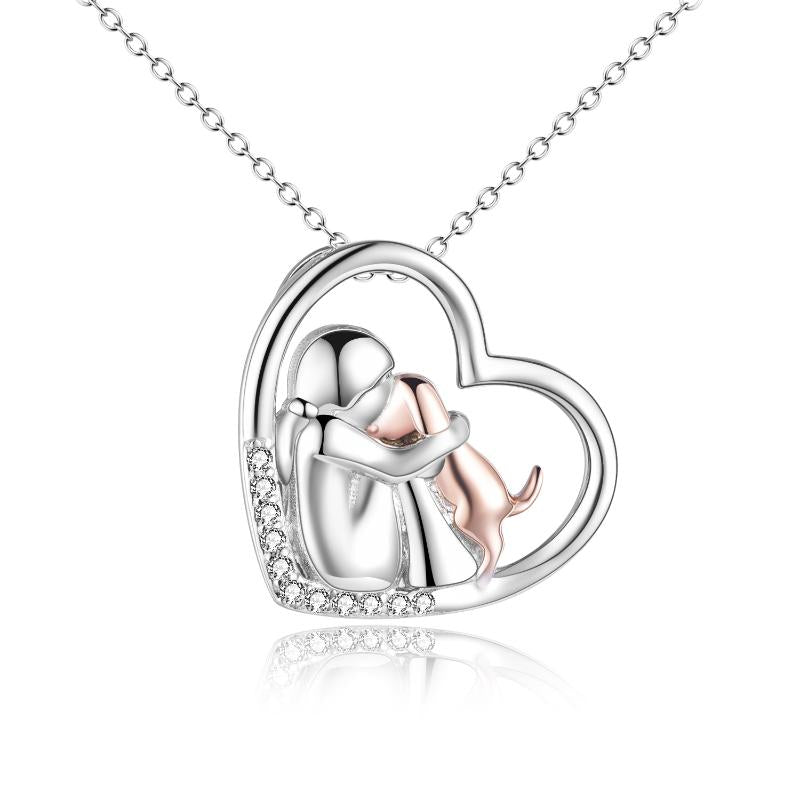 Sterling Silver (925) and Cubic Zirconia Girl Embracing Rose Gold Dog Necklace
