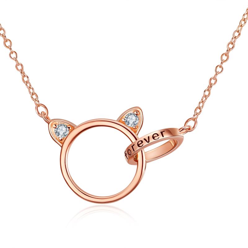 Sterling Silver (925) and Cubic Zirconia Cat "I love you forever" Rose Gold Necklace