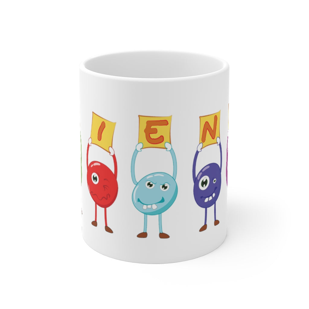 Mug 11oz with cute small monsters holding signs that say FRIENDS
