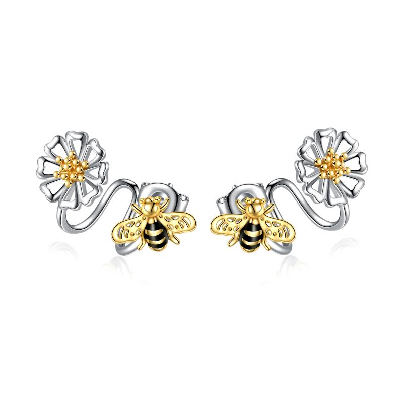 Sterling Silver (925) Cute Bee Sunflower Ear Climber Earrings For Women or Girls