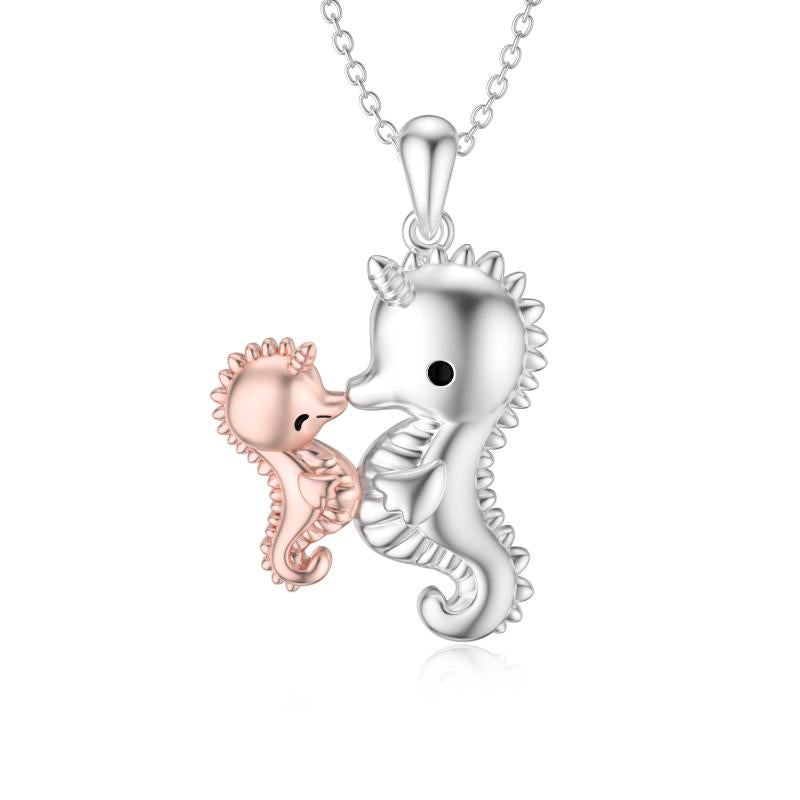 Sterling Silver (925) Mother and Rose Gold Baby Seahorse Necklace