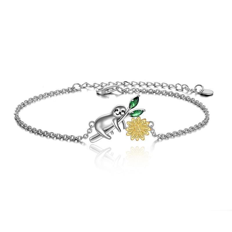 Sterling Silver (925) and Green Cubic Zirconia Cute Sloth Chilling on Branch Adjustable Bracelet
