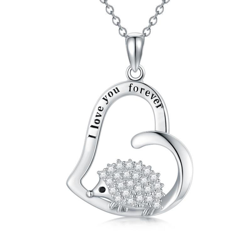 Sterling Silver (925) and Cubic Zirconia "I Love You Forever" Hedgehog Heart Necklace
