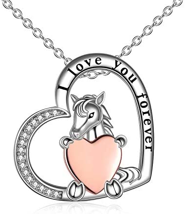 Sterling Silver (925) and Cubic Zirconia Horse Holding Pink Gold Heart Pendant