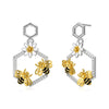 Sterling Silver (925) and Cubic Zirconia Beehive and Bee Dangle Earrings