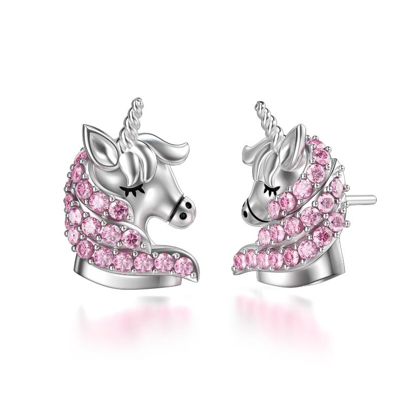 Sterling Silver (925) and Cubic Zirconia Unicorn Hypoallergenic Stud Earrings