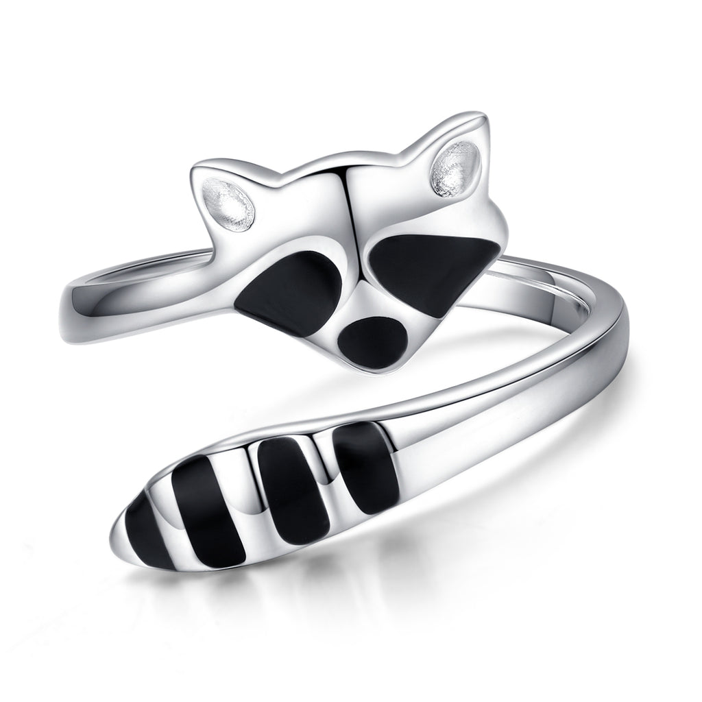 Sterling Silver (925) Cute Raccoon Adjustable Open Ring