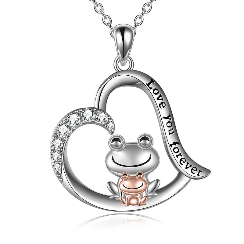 Sterling Silver (925) and Cubic Zirconia Cute Mom and Child "Love You Forever" Frog Necklace