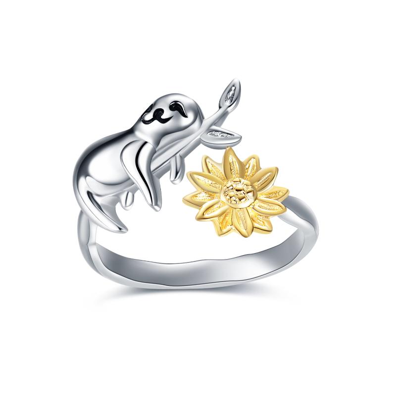Sterling Silver (925) Cute Sloth and Sunflower Adjustable Ring