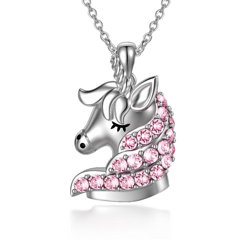 Sterling Silver (925) and Cubic Zirconia Unicorn Necklace with Pink Crystals