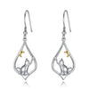 Sterling Silver (925) and Cubic Zirconia Cat and Gold Moon Dangle Drop Hook Earrings