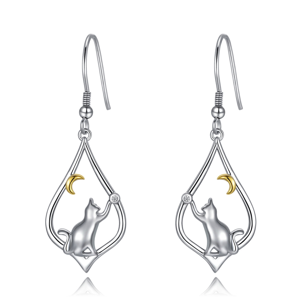 Sterling Silver (925) and Cubic Zirconia Cat and Gold Moon Dangle Drop Hook Earrings