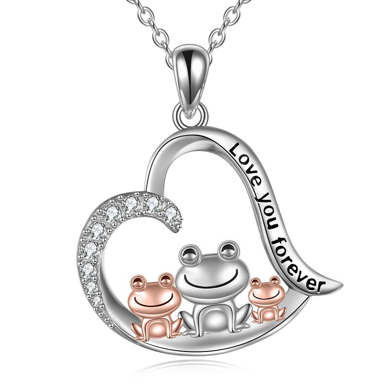 Sterling Silver (925) Cubic Zirconia Mom and Two Children "Love You Forever" Frog Necklace
