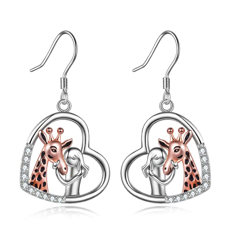 Sterling Silver (925) and Cubic Zirconia Heart Giraffe Dangle Drop Earrings