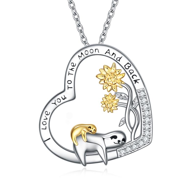 Sterling Silver (925) with Cubic Zirconia Mom and Child Sloth "I Love You To The Moon and Back" Necklace