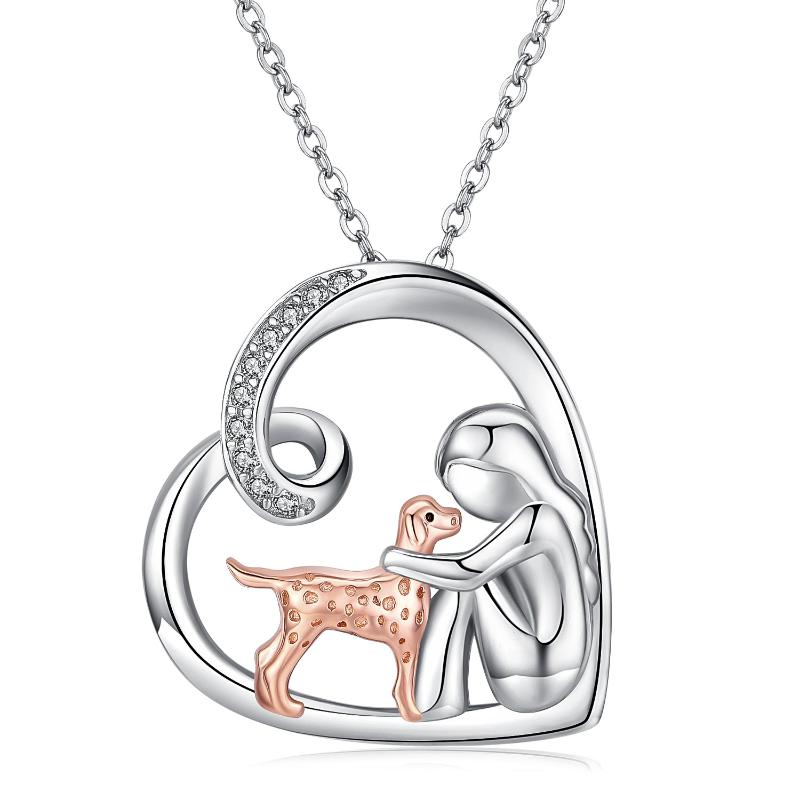 Sterling Silver (925) and Cubic Zirconia Cute Puppy Dog With Girl Heart Necklace