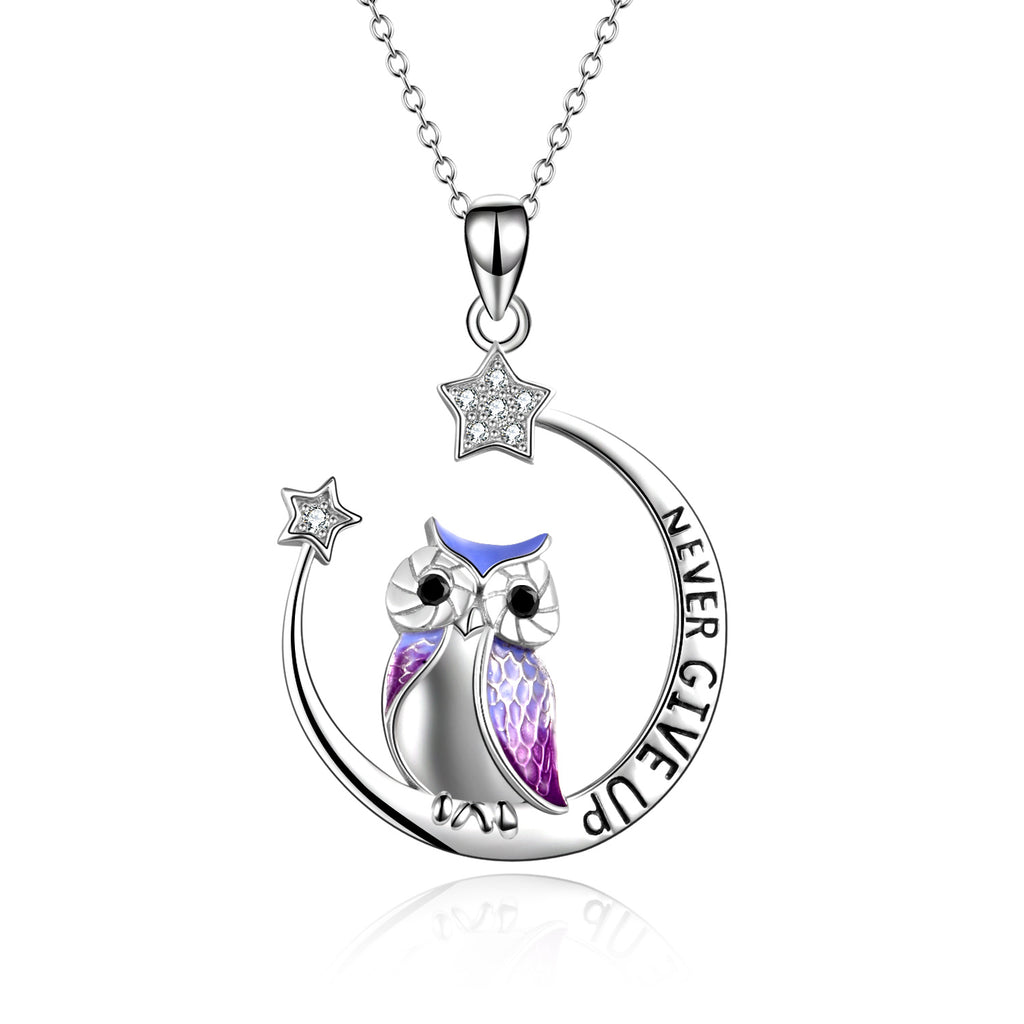 Sterling Silver Cute Owl on The Moon and Star Pendant Necklace for Women Girls
