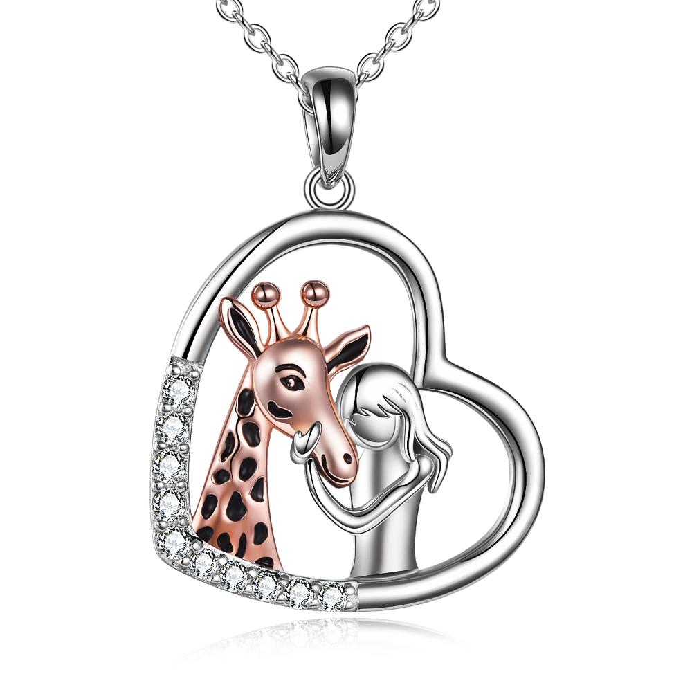 Sterling Silver (925) and Cubic Zirconia Girl with Giraffe Necklace