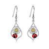 Sterling Silver (925) with Cubic Zirconia Ladybug Daisy Flower Dangle Drop Hooks Earrings