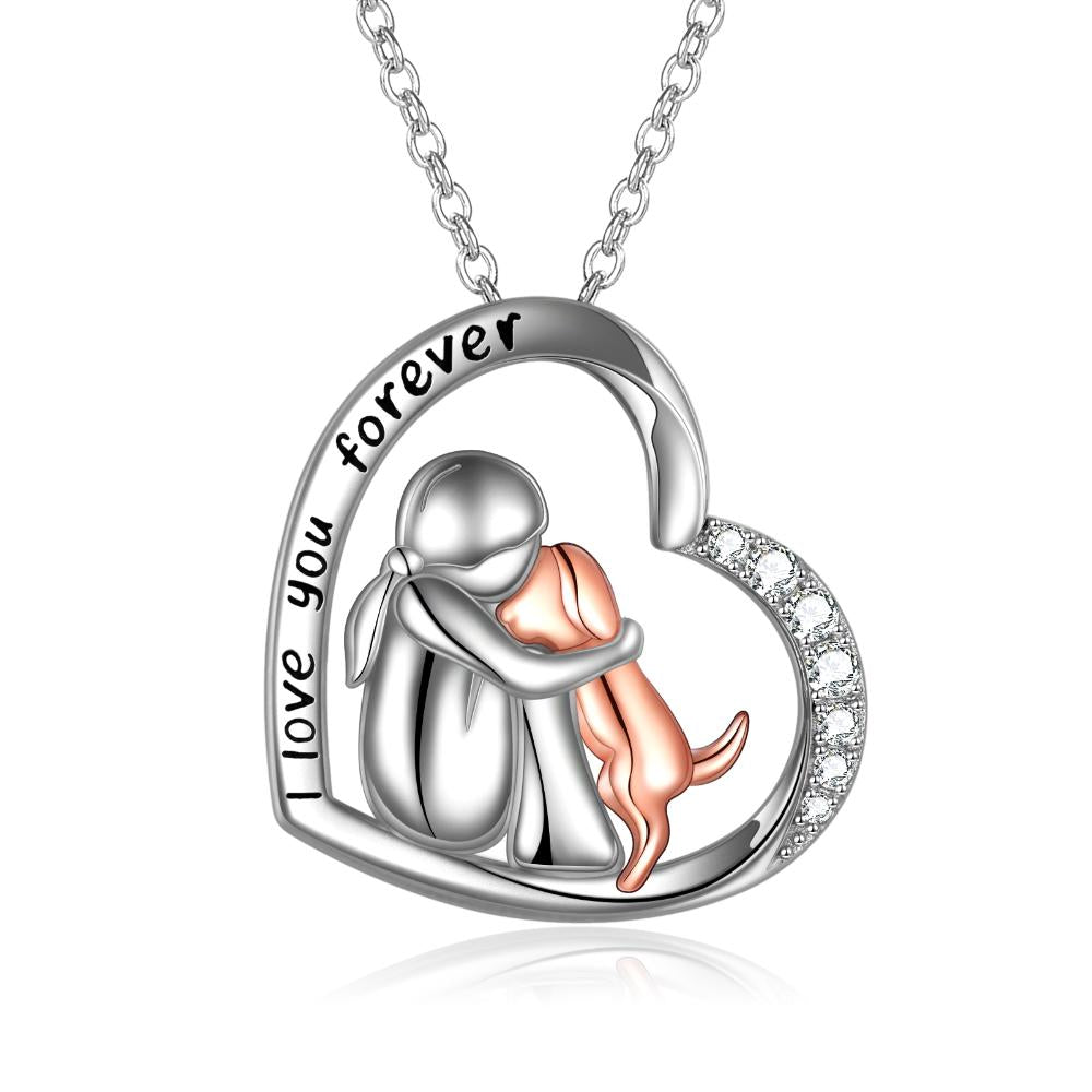 Sterling Silver (925) and Cubic Zirconia "Love You Forever" Pink Gold Dog  Lover Necklace
