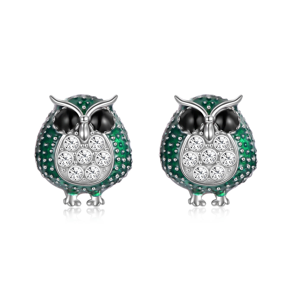 Sterling Silver (925) and Cubic Zirconia Owl Stud Earrings
