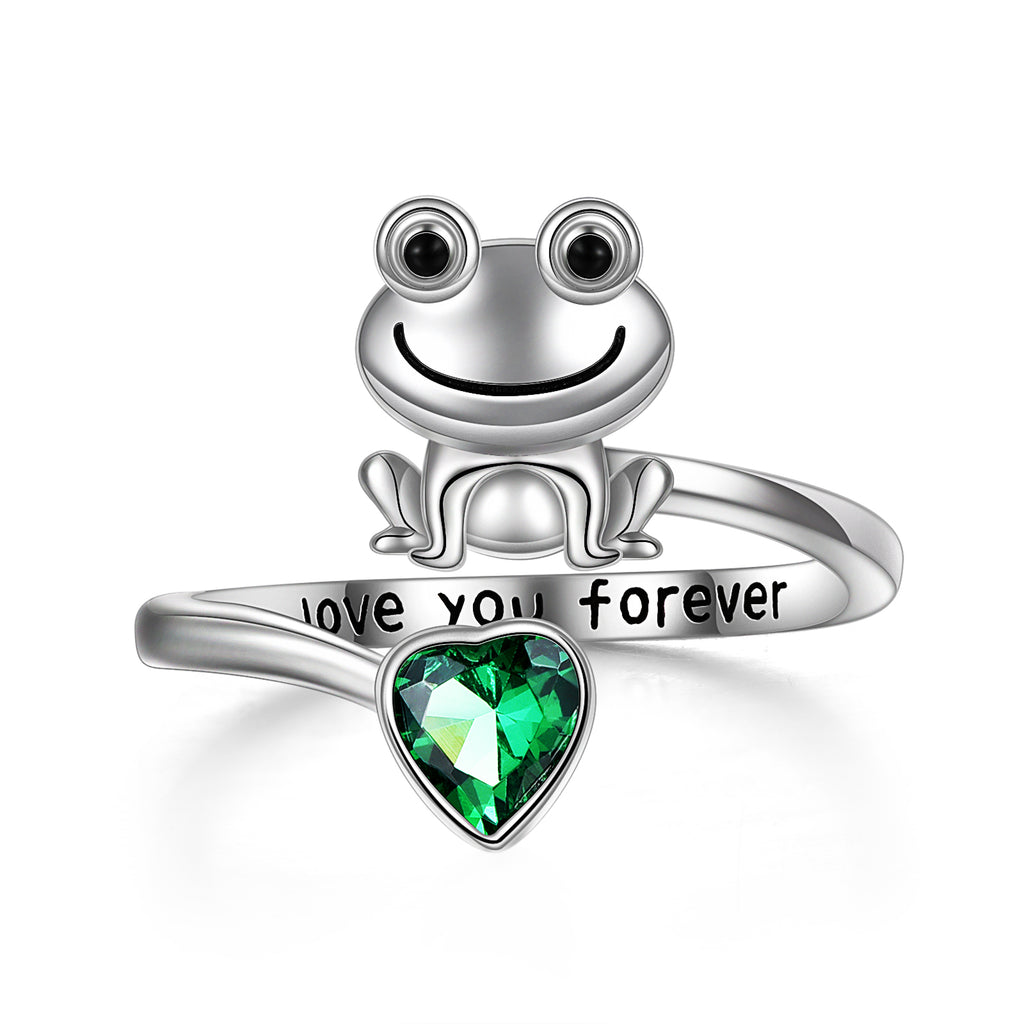 Sterling Sliver Frog Love You Forever Hold Green Blue Heart Zircon Rings