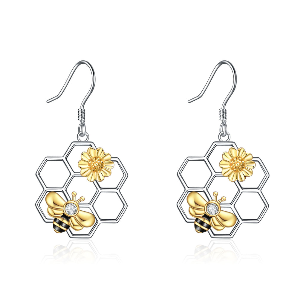 Sterling Silver (925) and Cubic Zirconia Beehive and Bee Earrings