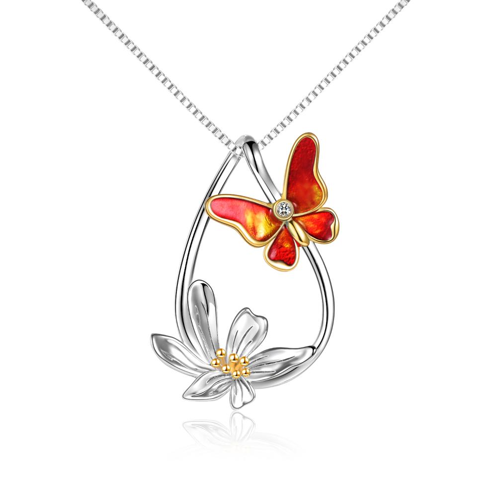 Sterling Silver Butterfly Pendant Gold Plated Teardrop Daisy  Necklace
