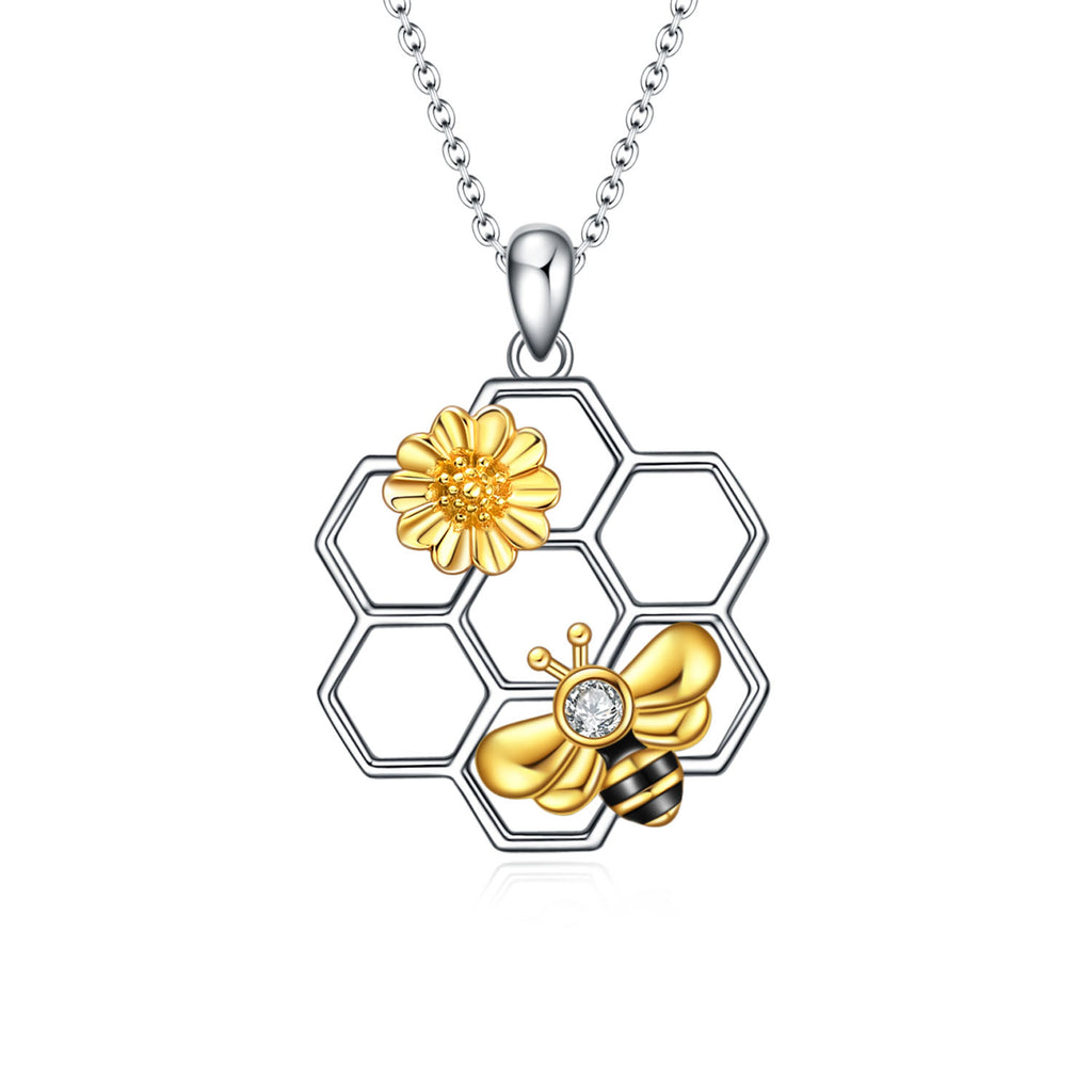 Sterling Silver (925) with Cubic Zirconia Honeycomb and Bee Cute Flower Pendant