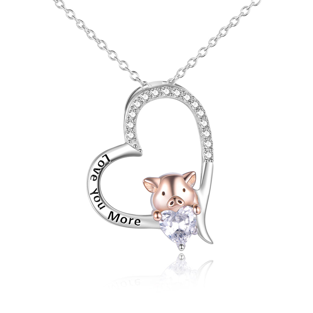 Sterling Silver Lovely Pig Pendant Necklace Piggy Cubic Zirconial Heart Necklace