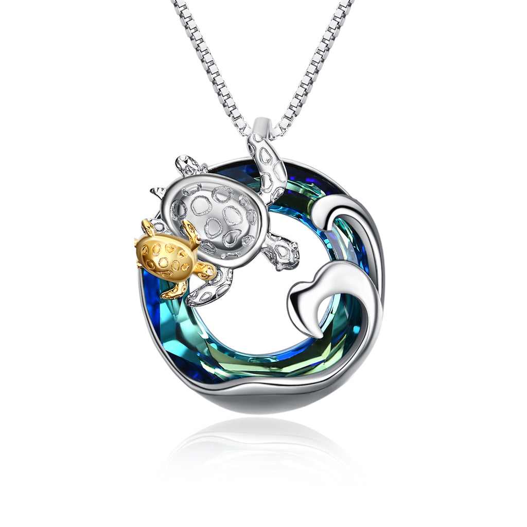 Sterling Silver (925) Mother And Child Sea Turtle colorful Crystal Necklace
