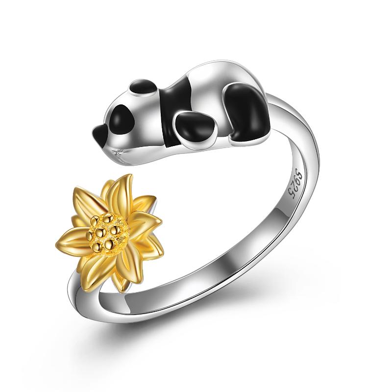 Sterling Silver (925) Adjustable Cute Panda and Sunflower Ring