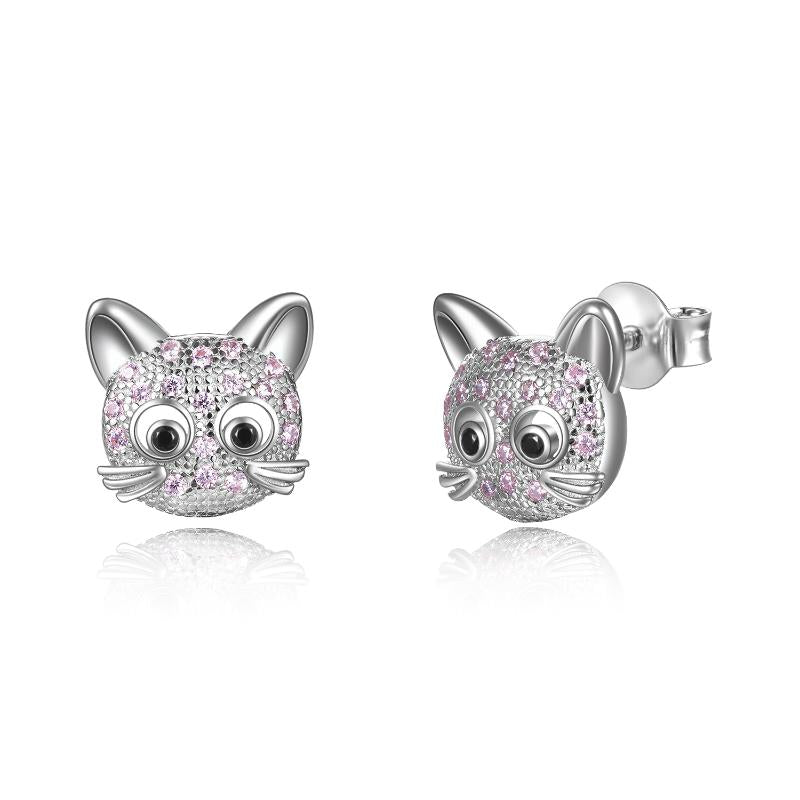 Sterling Silver (925) and Cubic Zirconia Cat Stud Earrings