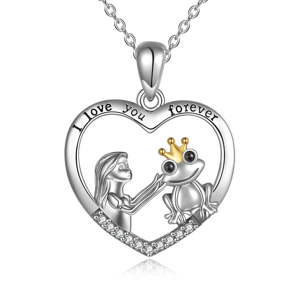 Sterling Silver (925) Cubic Zirconia "I Love You Forever" Girl and Frog Necklace
