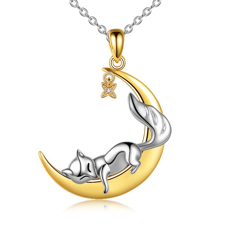 Sterling Silver (925) Cute Fox on Gold Moon Necklace