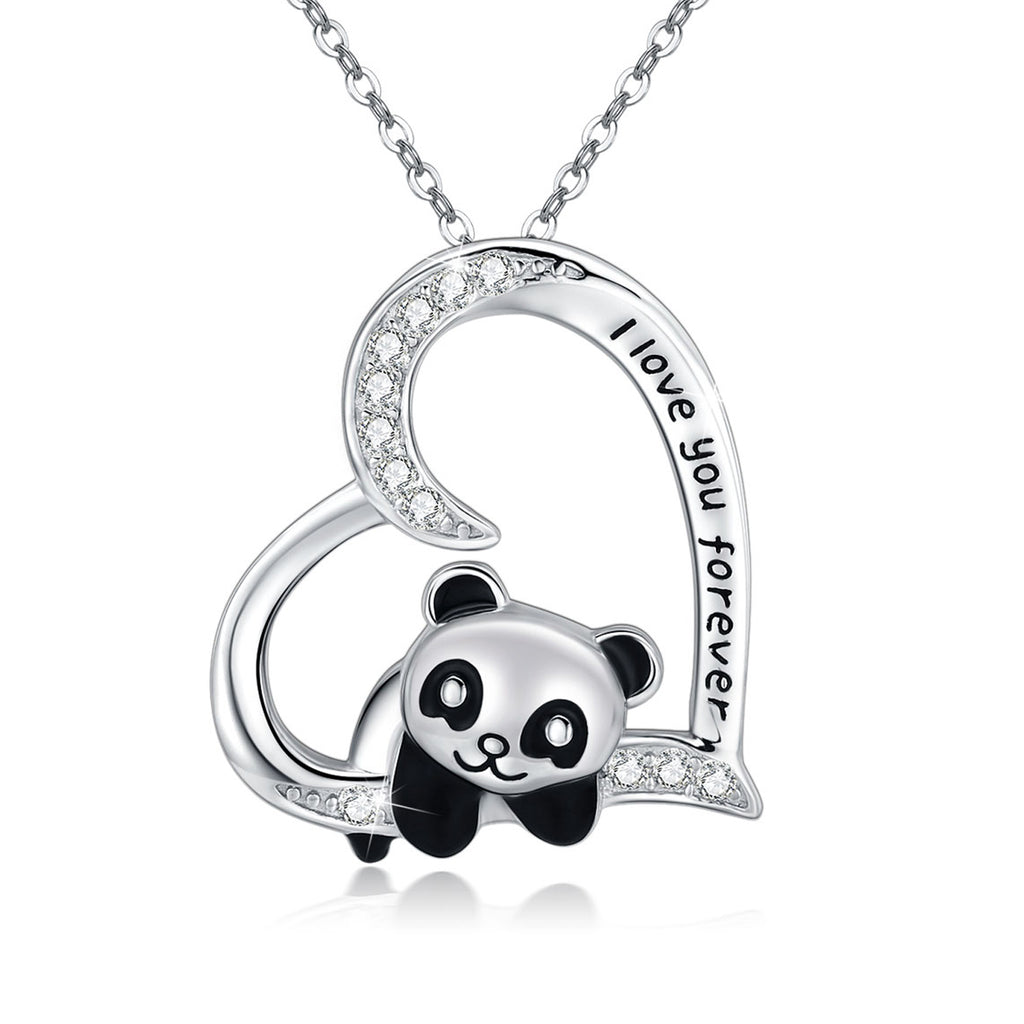 Sterling Silver (925) and Cubic Zirconia Cute Panda on Heart "I love You Forever" Pendant