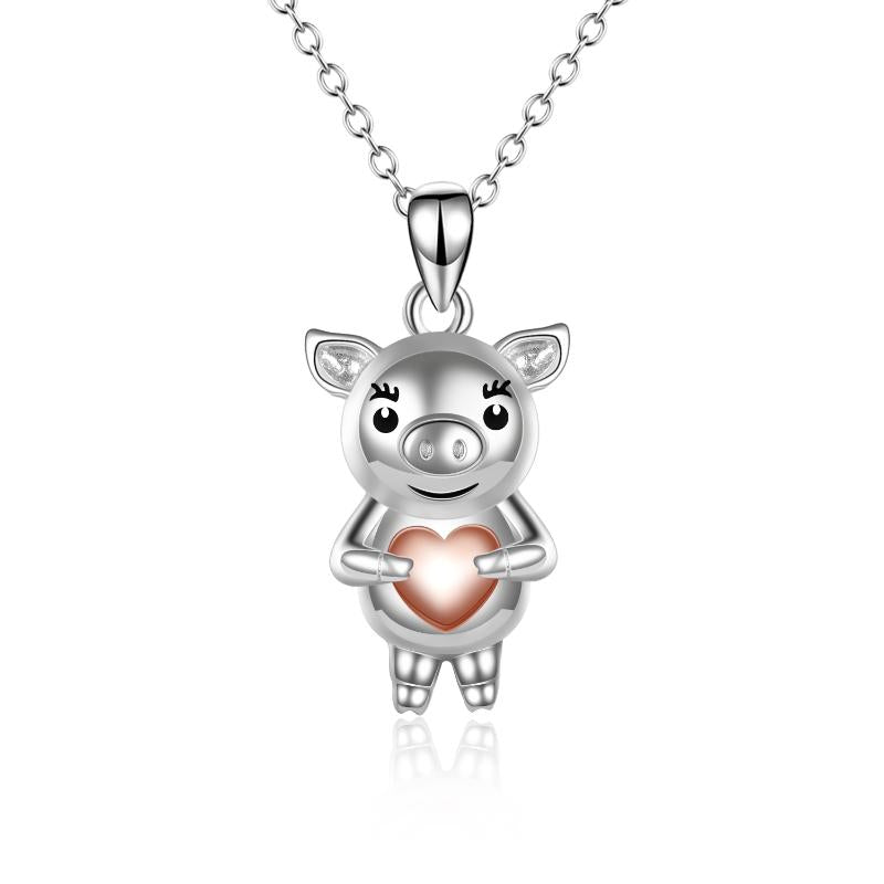Sterling Silver (925) Cute Pig Holding Gold Heart Love Necklace
