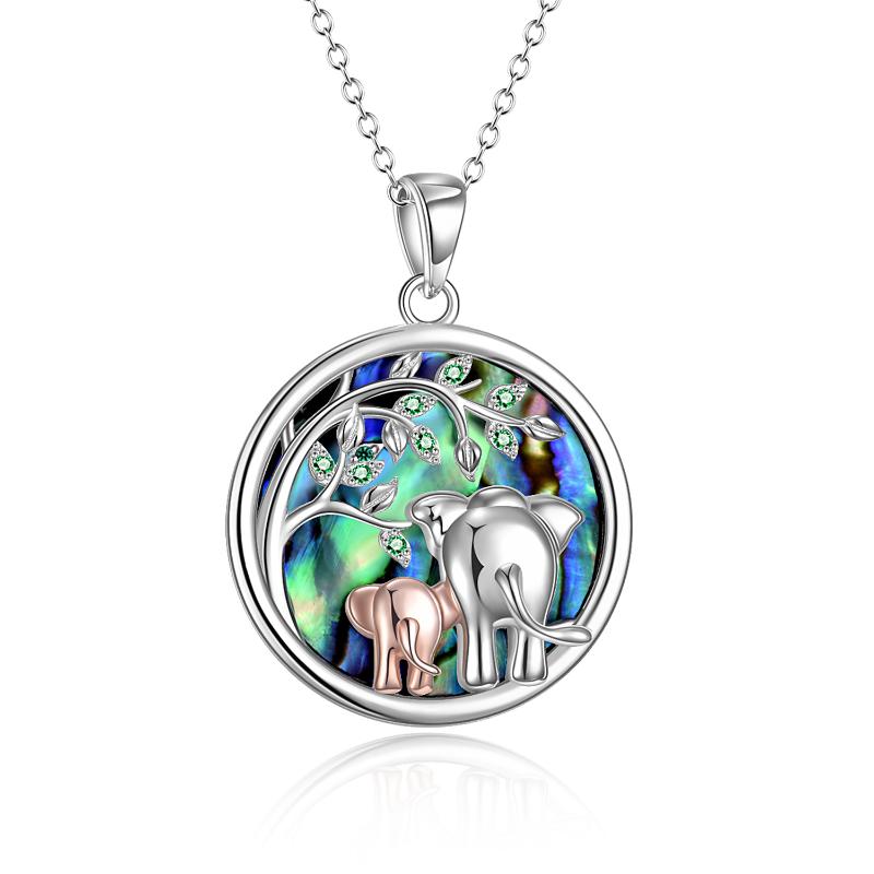 Sterling Silver (925) and Cubic Zirconia Elephant Necklace Mothers Day Gifts With Abalone Shell Necklace