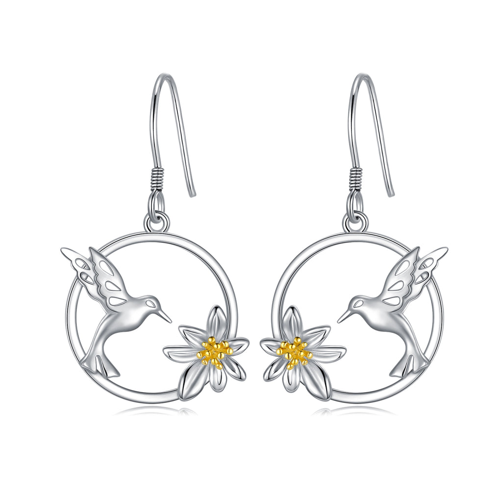 Sterling Silver (925) Hummingbird Flower Dangle Drop Hooks Earrings