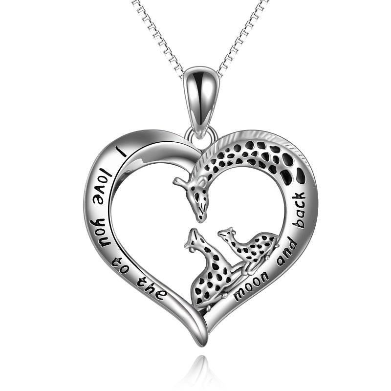 Sterling Silver (925) Giraffe Family Love Heart Necklace